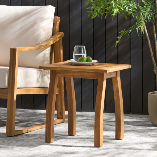 Patio Conversation Set, Outdoor Wood Leisure Seat(Set of 2),Armchair with Cushions,Selma Acacia Wood End Table ,Teak Finish,Beige cushion