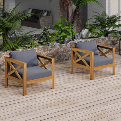 Patio Conversation Set, Outdoor Wood Leisure Seat(Set of 2),Armchair with Cushions,Selma Acacia Wood End Table ,Teak Finish,Dark Grey cushion