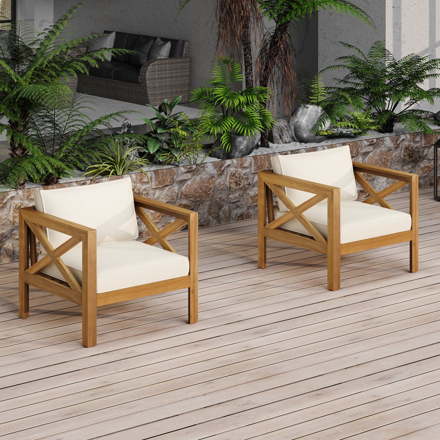 Patio Conversation Set, Outdoor Wood Leisure Seat(Set of 2),Armchair with Cushions,Selma Acacia Wood End Table ,Teak Finish,Beige cushion