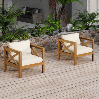 Patio Conversation Set, Outdoor Wood Leisure Seat(Set of 2),Armchair with Cushions,Selma Acacia Wood End Table ,Teak Finish,Beige cushion