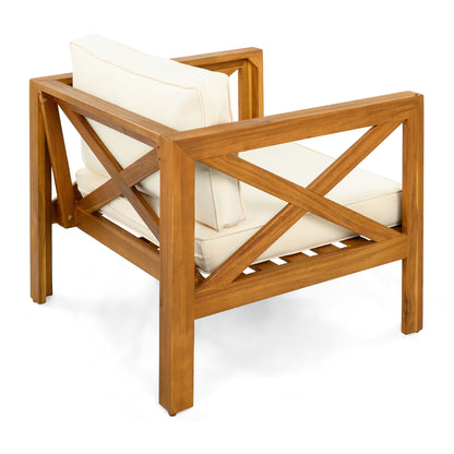 Patio Conversation Set, Outdoor Wood Leisure Seat(Set of 2),Armchair with Cushions,Selma Acacia Wood End Table ,Teak Finish,Beige cushion