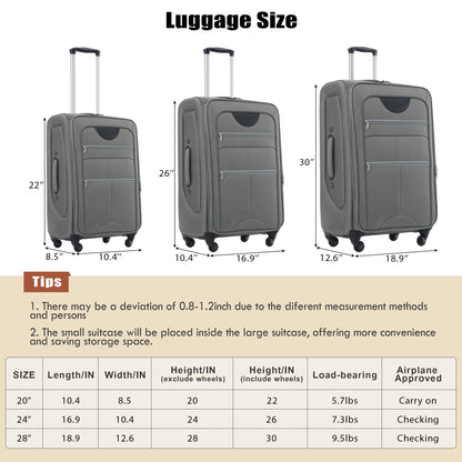 Softside Luggage Expandable 3 Piece Set Suitcase with Duffel Bag Upright Spinner Softshell Lightweight Luggage Travel Set