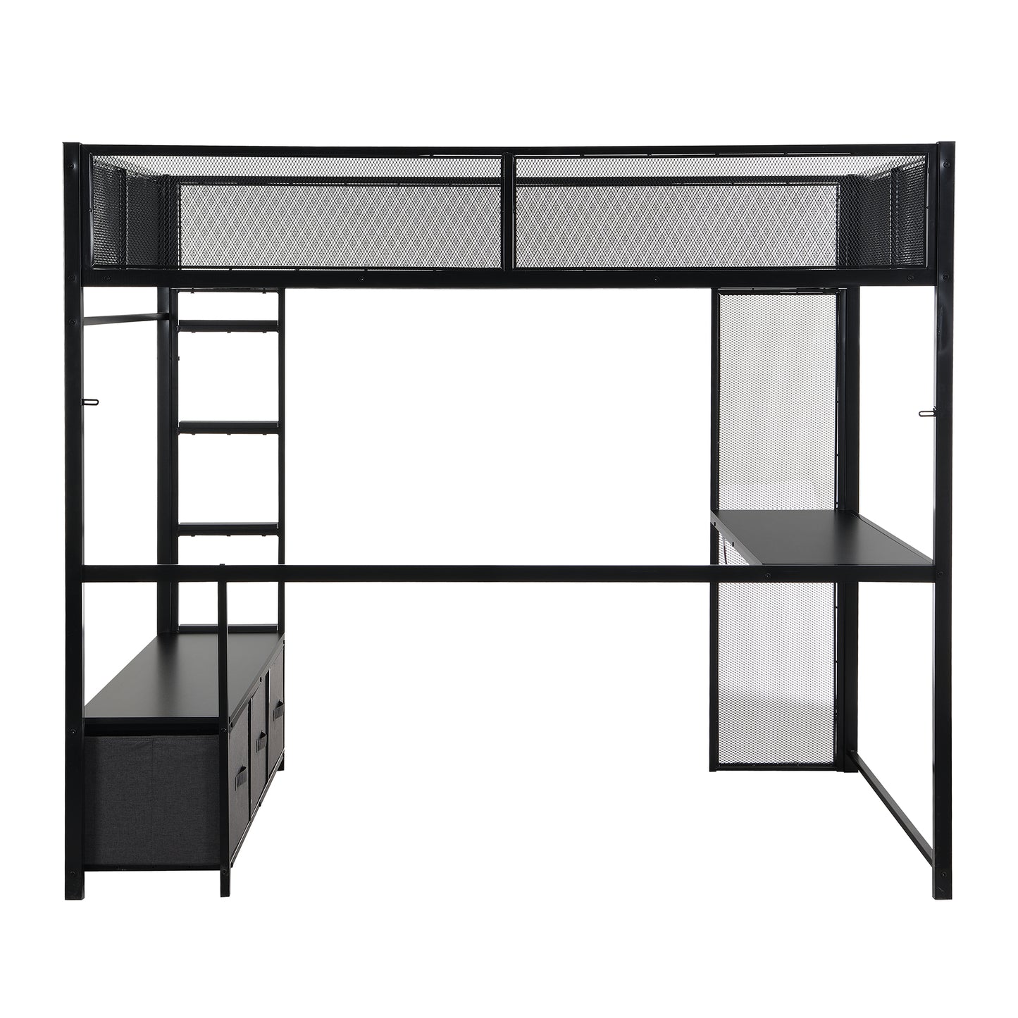 Full Size Metal Gaming Loft Bed with LED, Desk, Open Wardrobe and 3 Linen Storage Drawers, Black