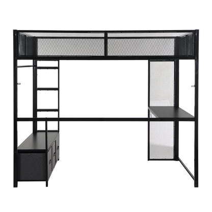Full Size Metal Gaming Loft Bed with LED, Desk, Open Wardrobe and 3 Linen Storage Drawers, Black