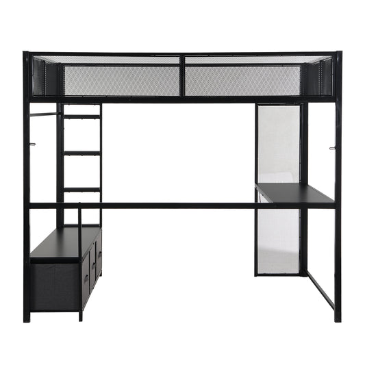 Full Size Metal Gaming Loft Bed with LED, Desk, Open Wardrobe and 3 Linen Storage Drawers, Black