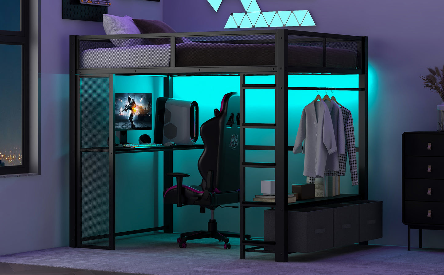Full Size Metal Gaming Loft Bed with LED, Desk, Open Wardrobe and 3 Linen Storage Drawers, Black
