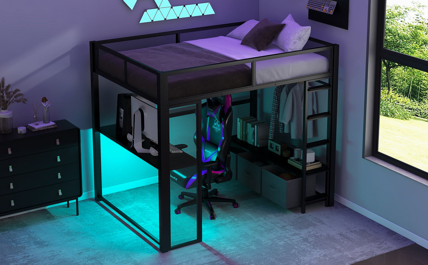 Full Size Metal Gaming Loft Bed with LED, Desk, Open Wardrobe and 3 Linen Storage Drawers, Black