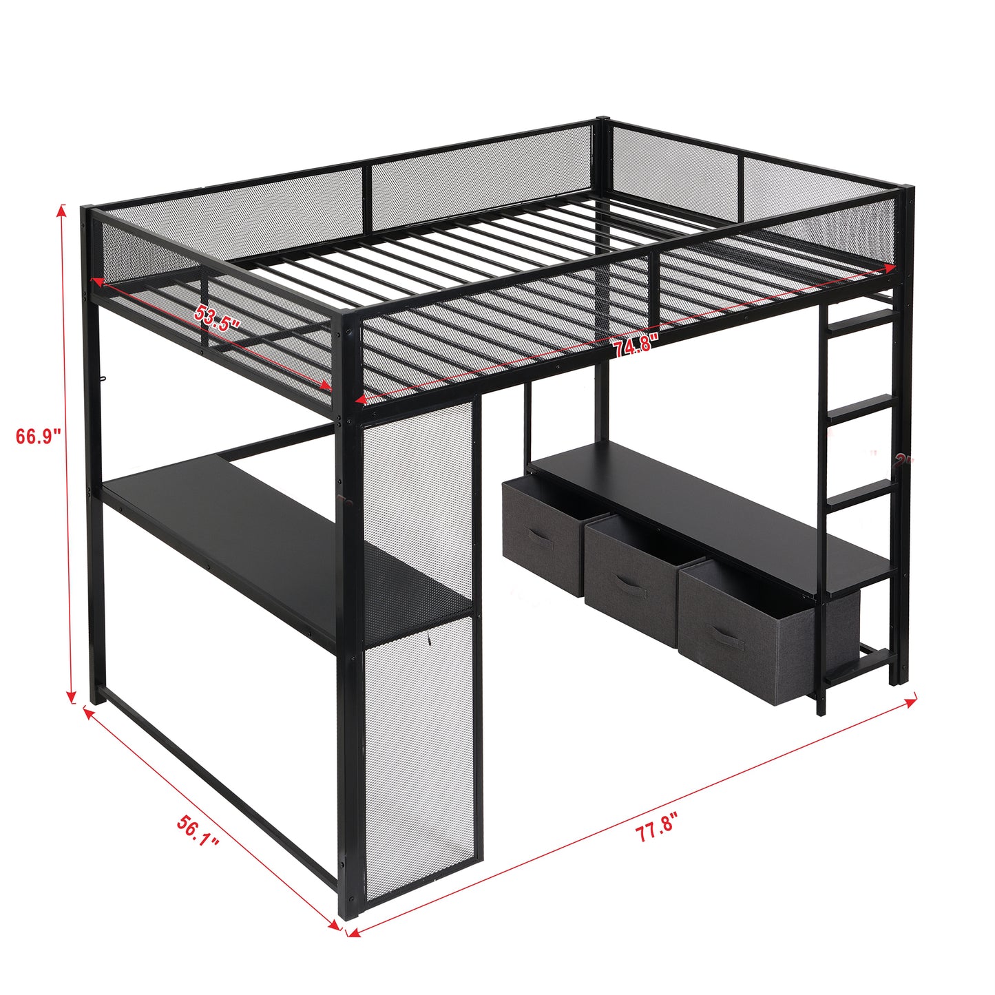 Full Size Metal Gaming Loft Bed with LED, Desk, Open Wardrobe and 3 Linen Storage Drawers, Black