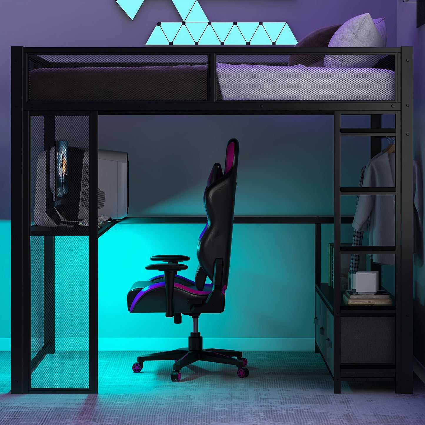 Full Size Metal Gaming Loft Bed with LED, Desk, Open Wardrobe and 3 Linen Storage Drawers, Black
