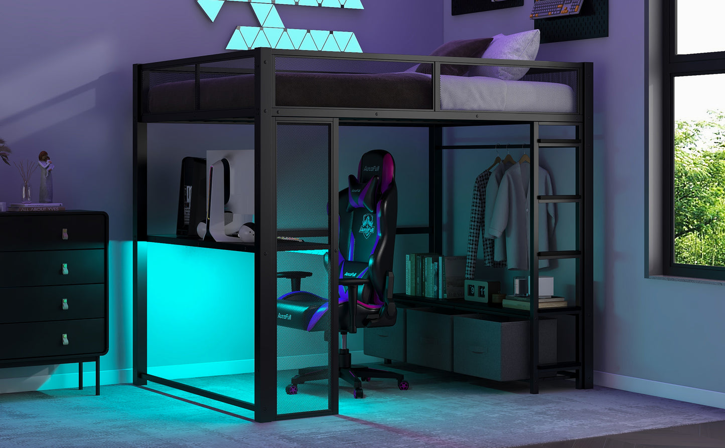Full Size Metal Gaming Loft Bed with LED, Desk, Open Wardrobe and 3 Linen Storage Drawers, Black
