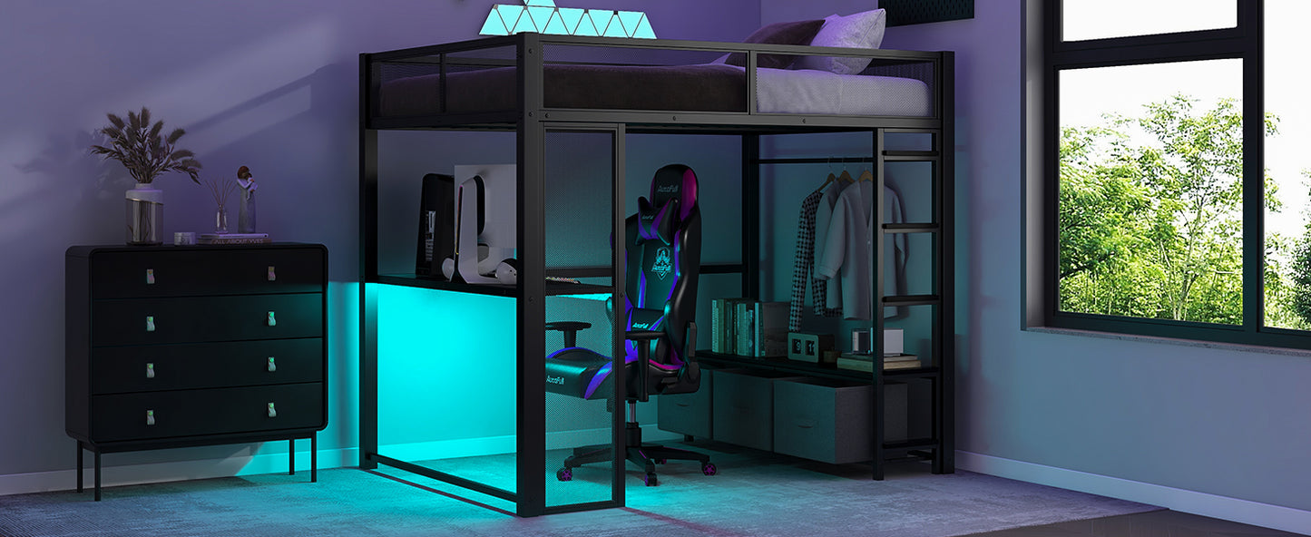 Full Size Metal Gaming Loft Bed with LED, Desk, Open Wardrobe and 3 Linen Storage Drawers, Black
