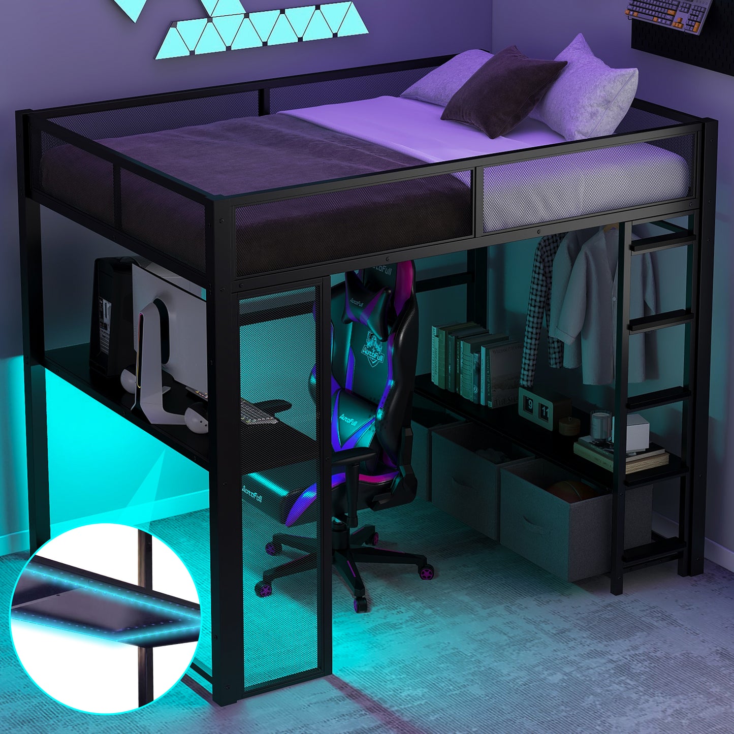 Full Size Metal Gaming Loft Bed with LED, Desk, Open Wardrobe and 3 Linen Storage Drawers, Black