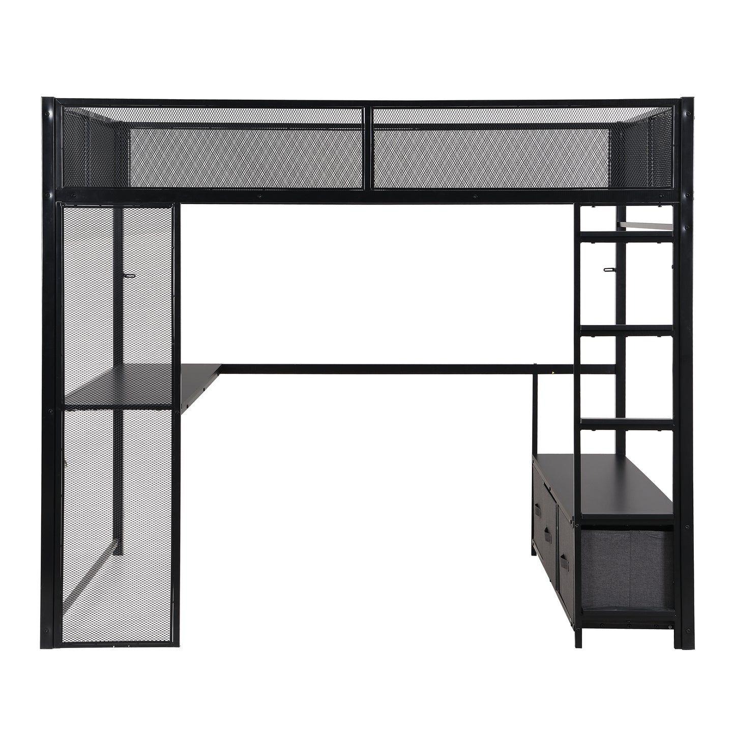 Full Size Metal Gaming Loft Bed with LED, Desk, Open Wardrobe and 3 Linen Storage Drawers, Black
