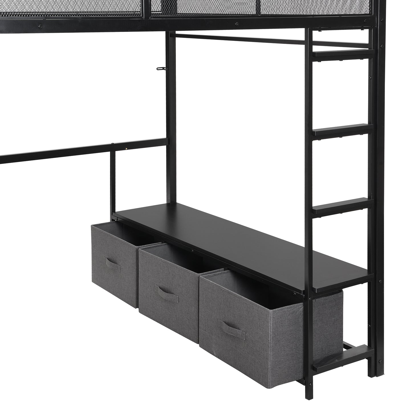 Full Size Metal Gaming Loft Bed with LED, Desk, Open Wardrobe and 3 Linen Storage Drawers, Black