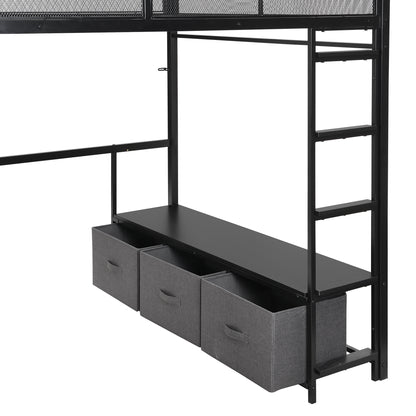 Full Size Metal Gaming Loft Bed with LED, Desk, Open Wardrobe and 3 Linen Storage Drawers, Black