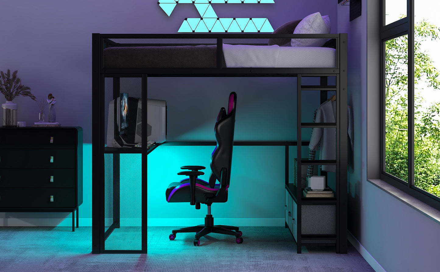 Full Size Metal Gaming Loft Bed with LED, Desk, Open Wardrobe and 3 Linen Storage Drawers, Black