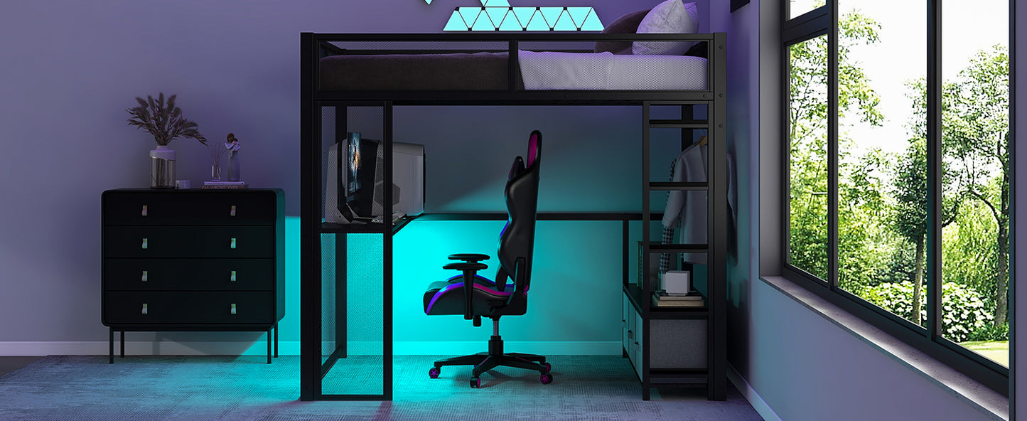 Full Size Metal Gaming Loft Bed with LED, Desk, Open Wardrobe and 3 Linen Storage Drawers, Black