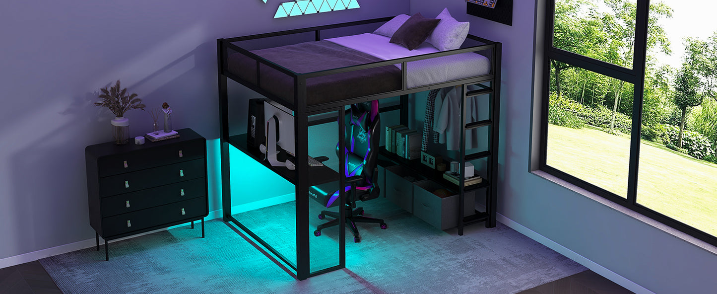 Full Size Metal Gaming Loft Bed with LED, Desk, Open Wardrobe and 3 Linen Storage Drawers, Black