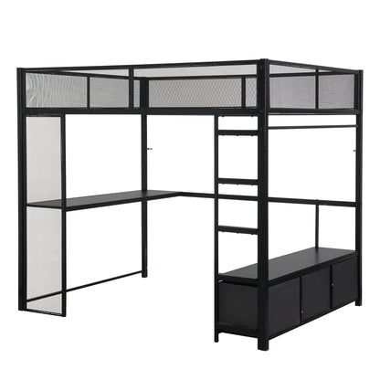 Full Size Metal Gaming Loft Bed with LED, Desk, Open Wardrobe and 3 Linen Storage Drawers, Black