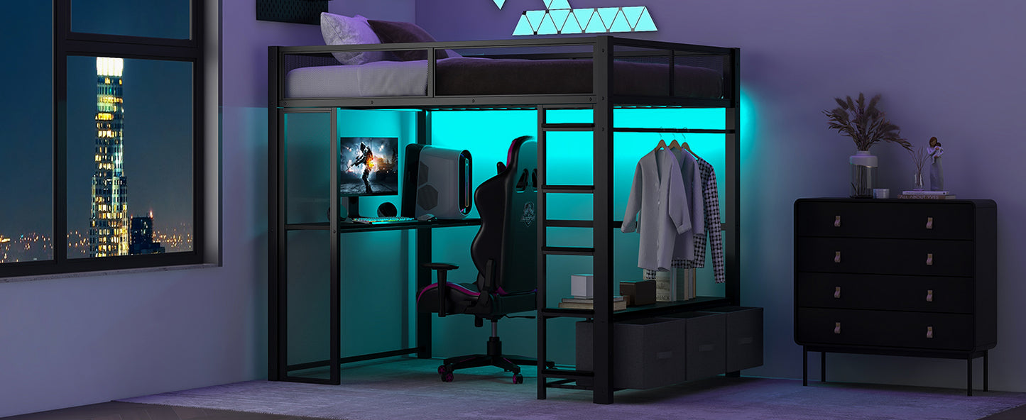 Full Size Metal Gaming Loft Bed with LED, Desk, Open Wardrobe and 3 Linen Storage Drawers, Black