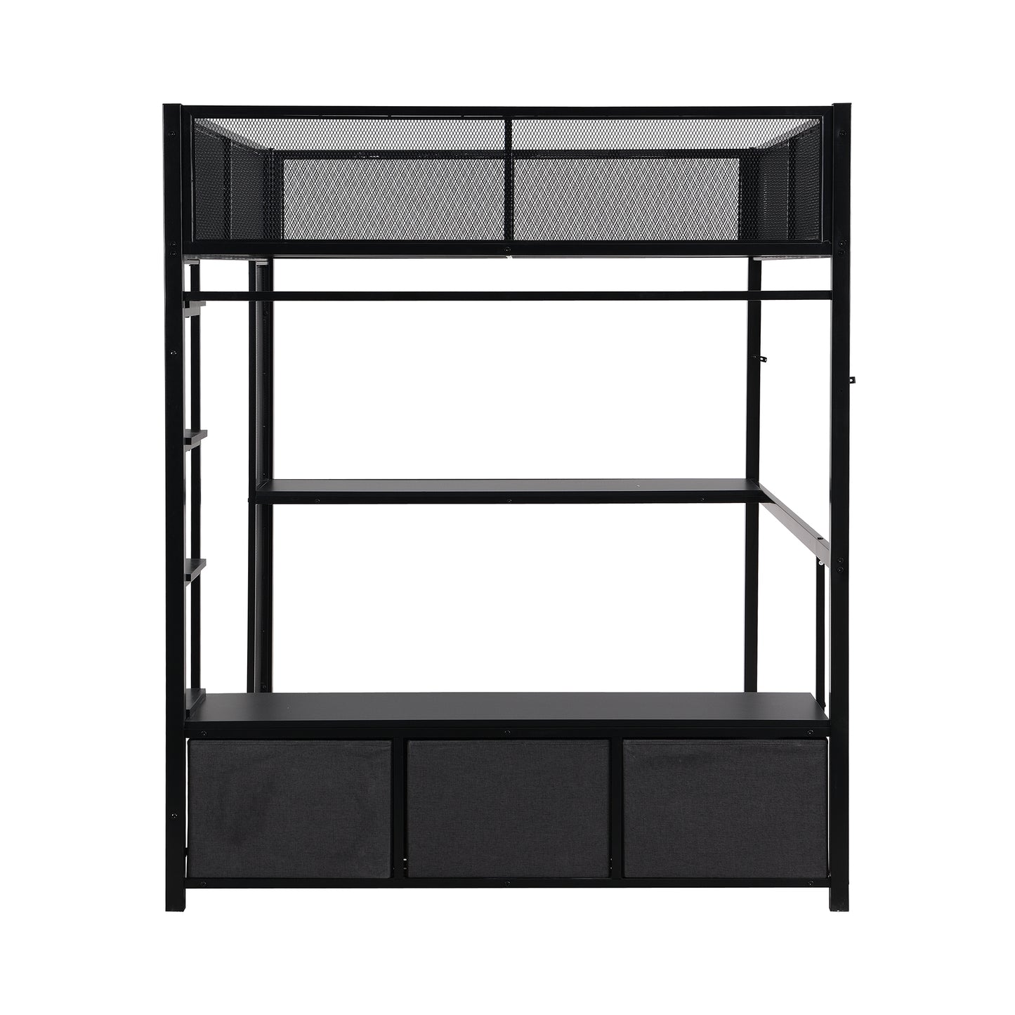 Full Size Metal Gaming Loft Bed with LED, Desk, Open Wardrobe and 3 Linen Storage Drawers, Black