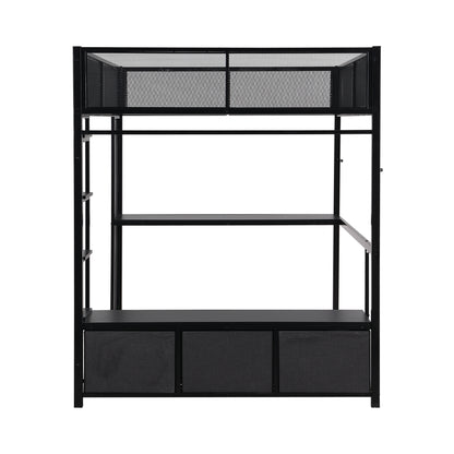Full Size Metal Gaming Loft Bed with LED, Desk, Open Wardrobe and 3 Linen Storage Drawers, Black