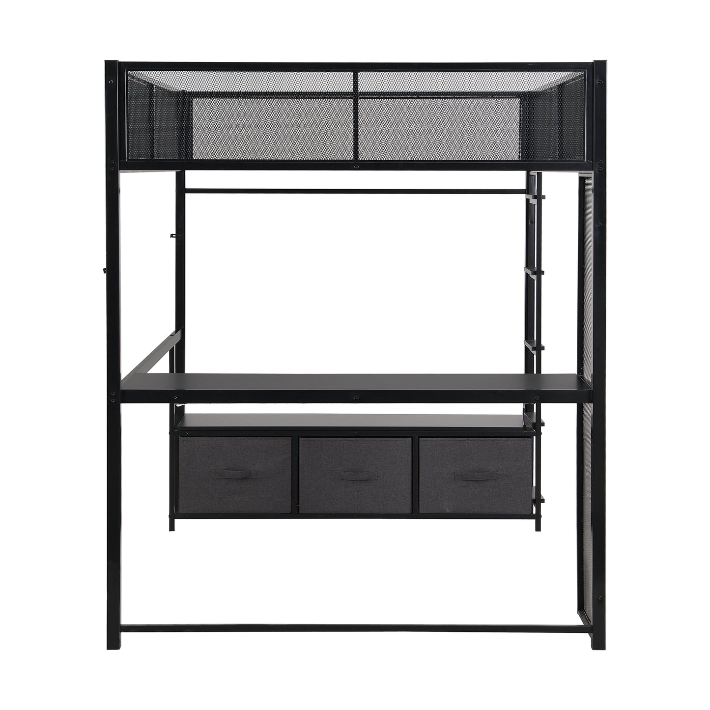 Full Size Metal Gaming Loft Bed with LED, Desk, Open Wardrobe and 3 Linen Storage Drawers, Black