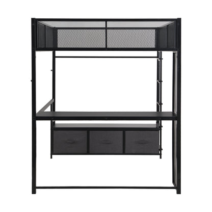 Full Size Metal Gaming Loft Bed with LED, Desk, Open Wardrobe and 3 Linen Storage Drawers, Black