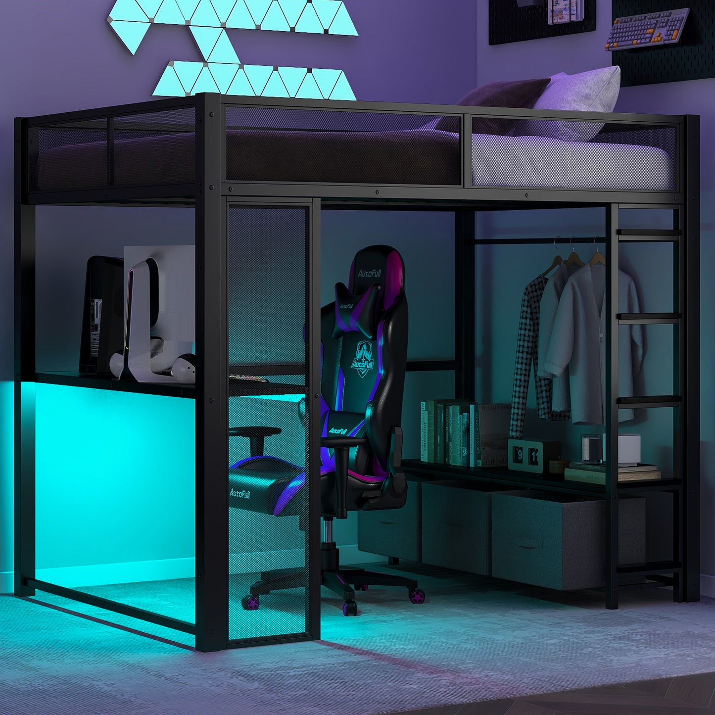 Full Size Metal Gaming Loft Bed with LED, Desk, Open Wardrobe and 3 Linen Storage Drawers, Black