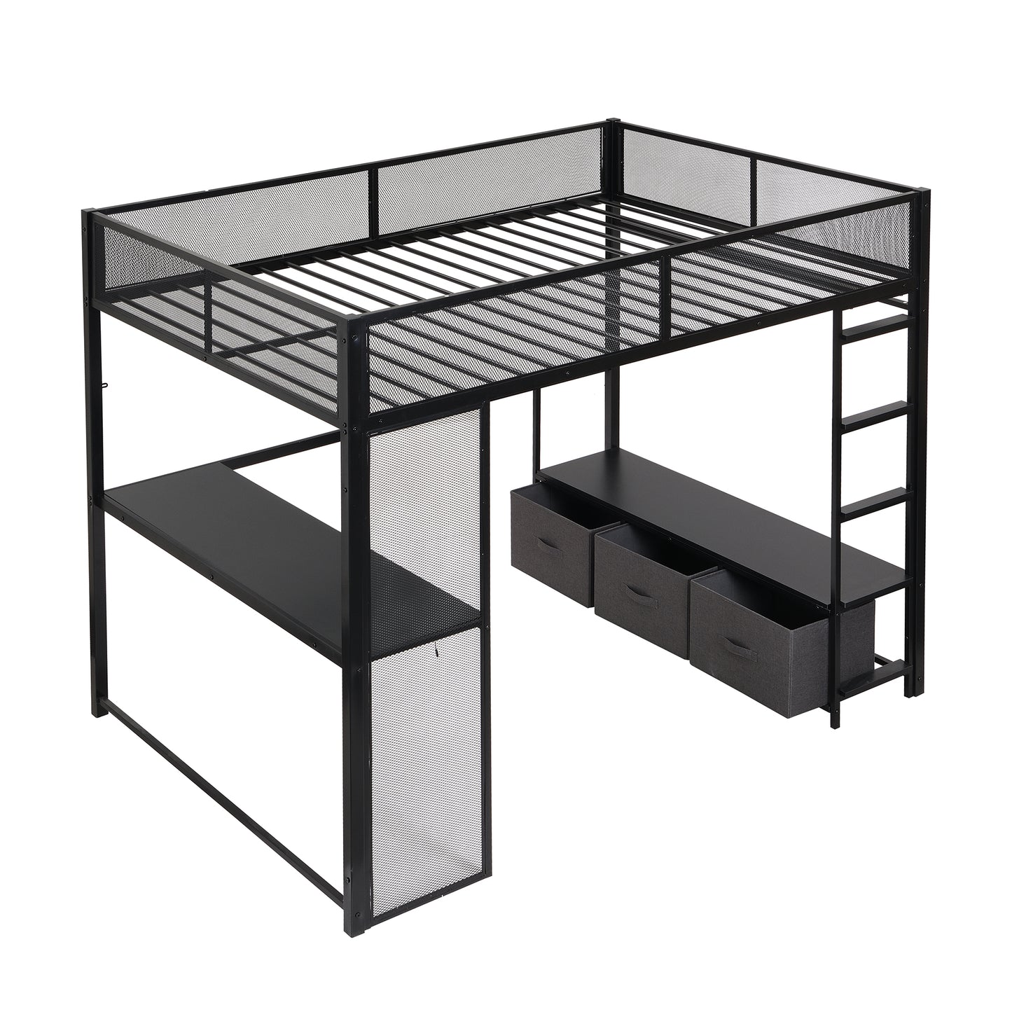 Full Size Metal Gaming Loft Bed with LED, Desk, Open Wardrobe and 3 Linen Storage Drawers, Black