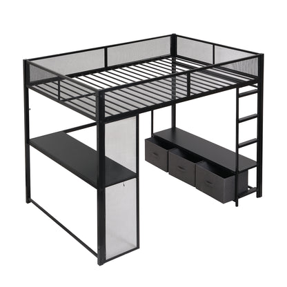Full Size Metal Gaming Loft Bed with LED, Desk, Open Wardrobe and 3 Linen Storage Drawers, Black