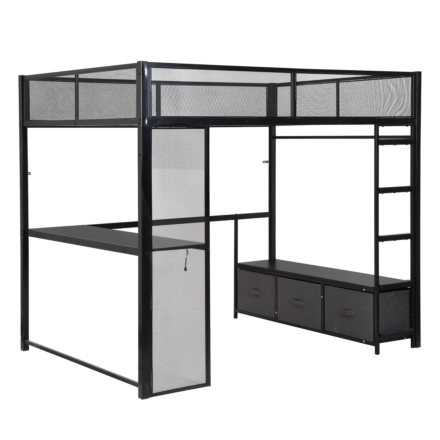 Full Size Metal Gaming Loft Bed with LED, Desk, Open Wardrobe and 3 Linen Storage Drawers, Black