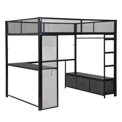 Full Size Metal Gaming Loft Bed with LED, Desk, Open Wardrobe and 3 Linen Storage Drawers, Black