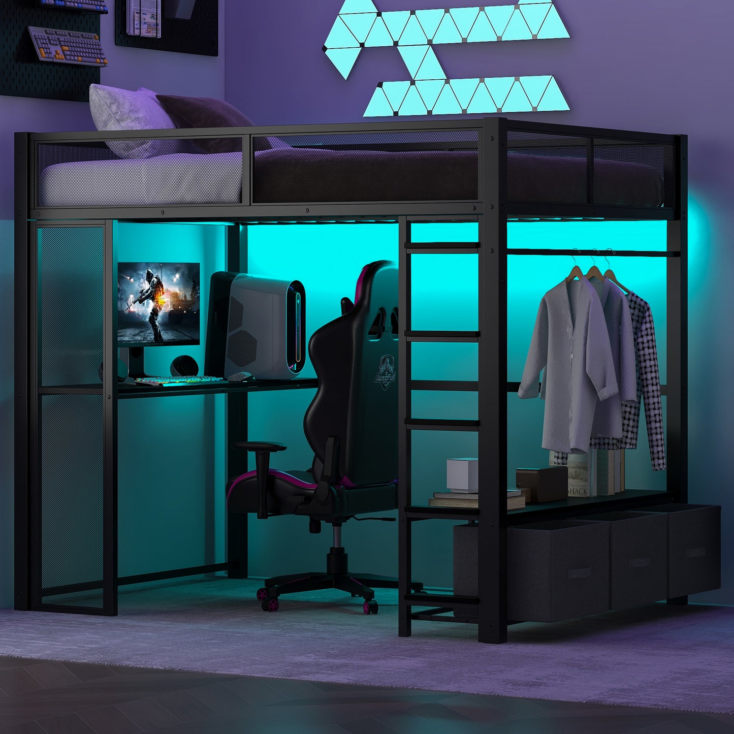 Full Size Metal Gaming Loft Bed with LED, Desk, Open Wardrobe and 3 Linen Storage Drawers, Black