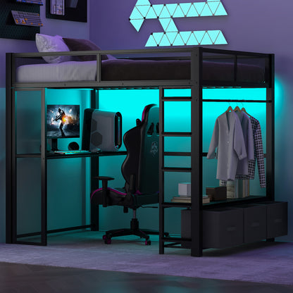 Full Size Metal Gaming Loft Bed with LED, Desk, Open Wardrobe and 3 Linen Storage Drawers, Black