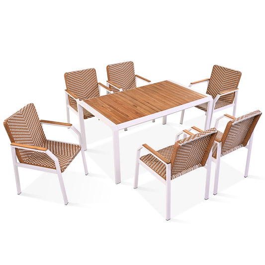 GO 7 Piece Patio Dining Table Set, Outdoor Wicker Furniture Set of 6 Chairs, Two Tone Weave Rattan, Acacia Wood Tabletop, Outdoor Dining Set for Backyard and Garden, Brown