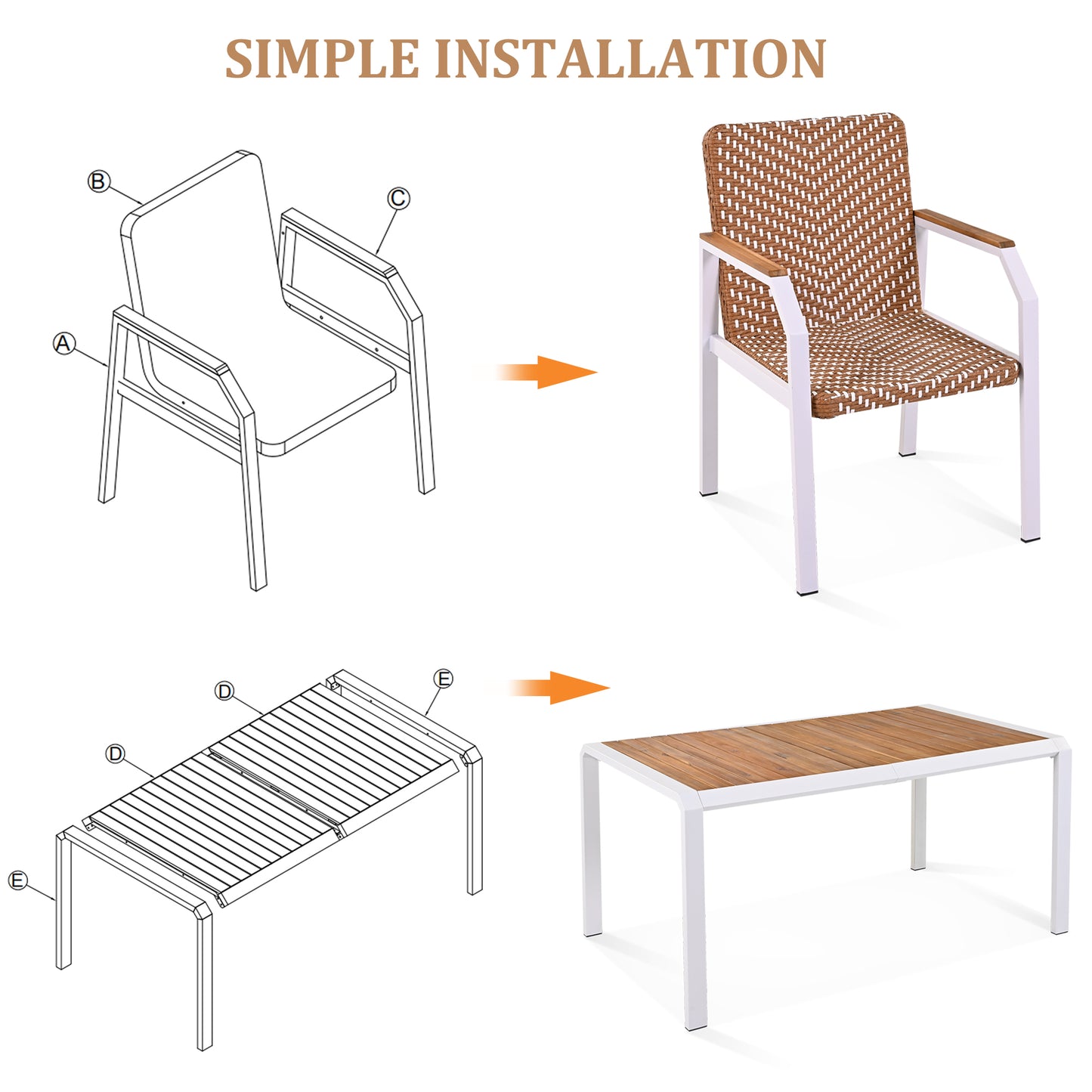 GO 7 Piece Patio Dining Table Set, Outdoor Wicker Furniture Set of 6 Chairs, Two Tone Weave Rattan, Acacia Wood Tabletop, Outdoor Dining Set for Backyard and Garden, Brown