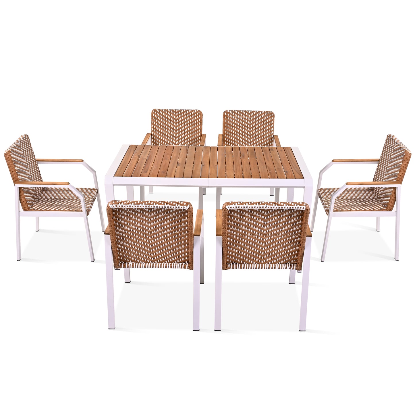 GO 7 Piece Patio Dining Table Set, Outdoor Wicker Furniture Set of 6 Chairs, Two Tone Weave Rattan, Acacia Wood Tabletop, Outdoor Dining Set for Backyard and Garden, Brown