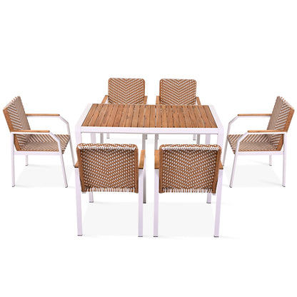 GO 7 Piece Patio Dining Table Set, Outdoor Wicker Furniture Set of 6 Chairs, Two Tone Weave Rattan, Acacia Wood Tabletop, Outdoor Dining Set for Backyard and Garden, Brown