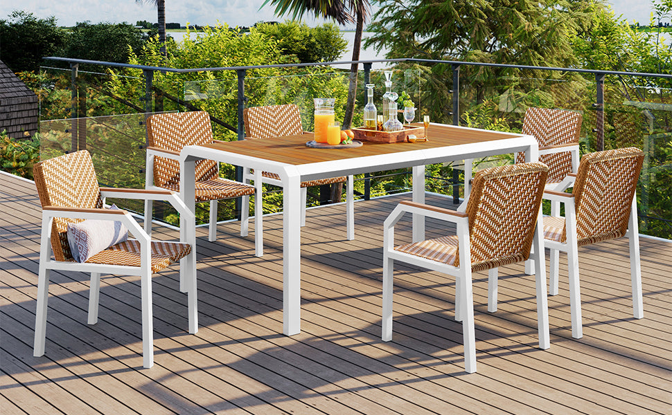 GO 7 Piece Patio Dining Table Set, Outdoor Wicker Furniture Set of 6 Chairs, Two Tone Weave Rattan, Acacia Wood Tabletop, Outdoor Dining Set for Backyard and Garden, Brown