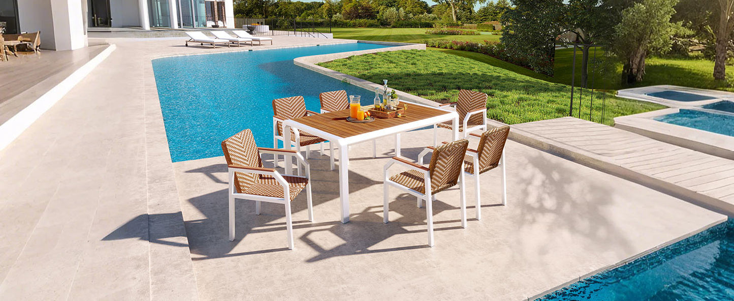 GO 7 Piece Patio Dining Table Set, Outdoor Wicker Furniture Set of 6 Chairs, Two Tone Weave Rattan, Acacia Wood Tabletop, Outdoor Dining Set for Backyard and Garden, Brown