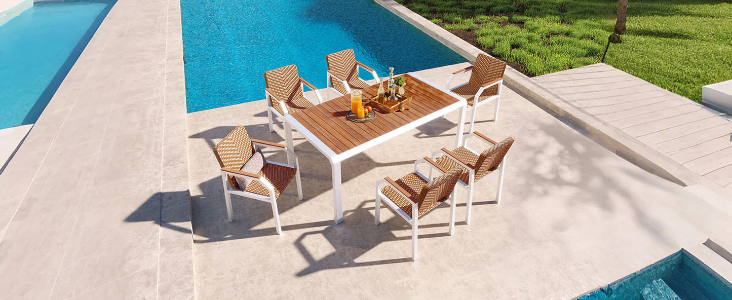 GO 7 Piece Patio Dining Table Set, Outdoor Wicker Furniture Set of 6 Chairs, Two Tone Weave Rattan, Acacia Wood Tabletop, Outdoor Dining Set for Backyard and Garden, Brown