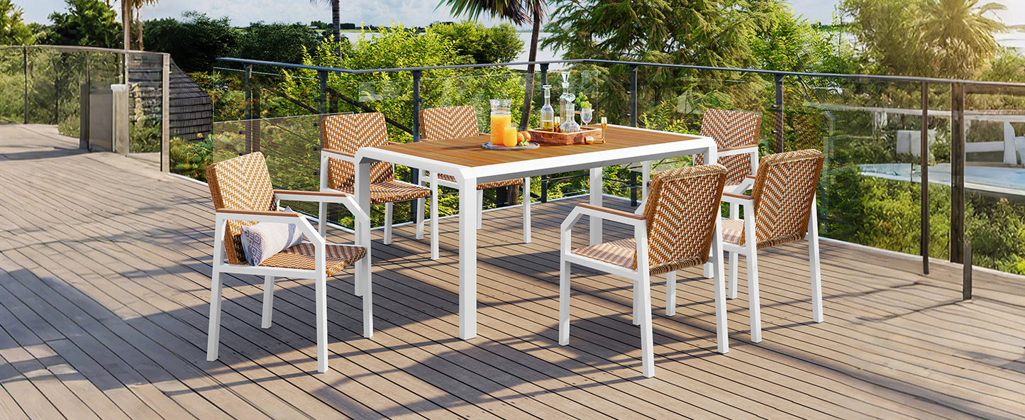 GO 7 Piece Patio Dining Table Set, Outdoor Wicker Furniture Set of 6 Chairs, Two Tone Weave Rattan, Acacia Wood Tabletop, Outdoor Dining Set for Backyard and Garden, Brown