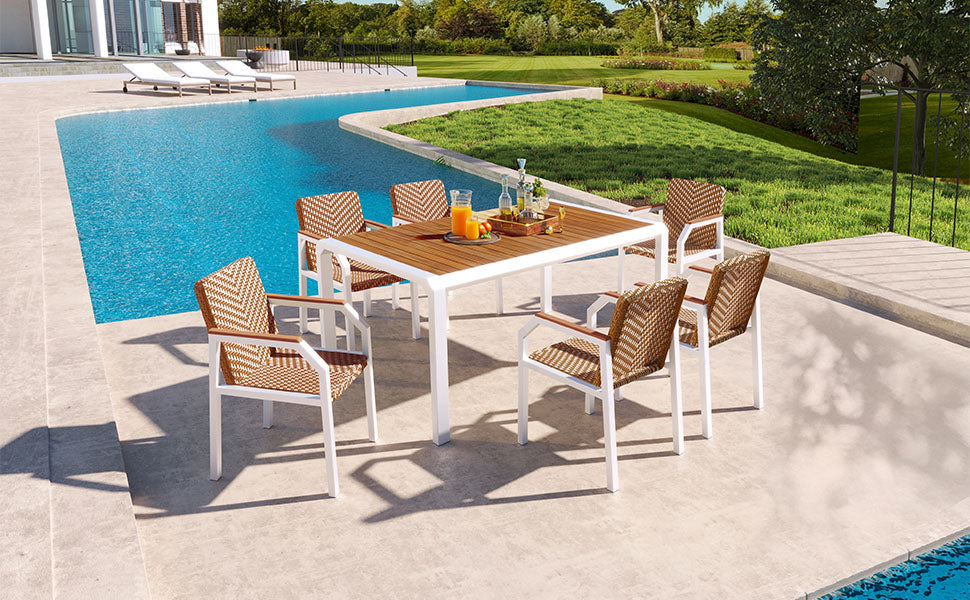 GO 7 Piece Patio Dining Table Set, Outdoor Wicker Furniture Set of 6 Chairs, Two Tone Weave Rattan, Acacia Wood Tabletop, Outdoor Dining Set for Backyard and Garden, Brown