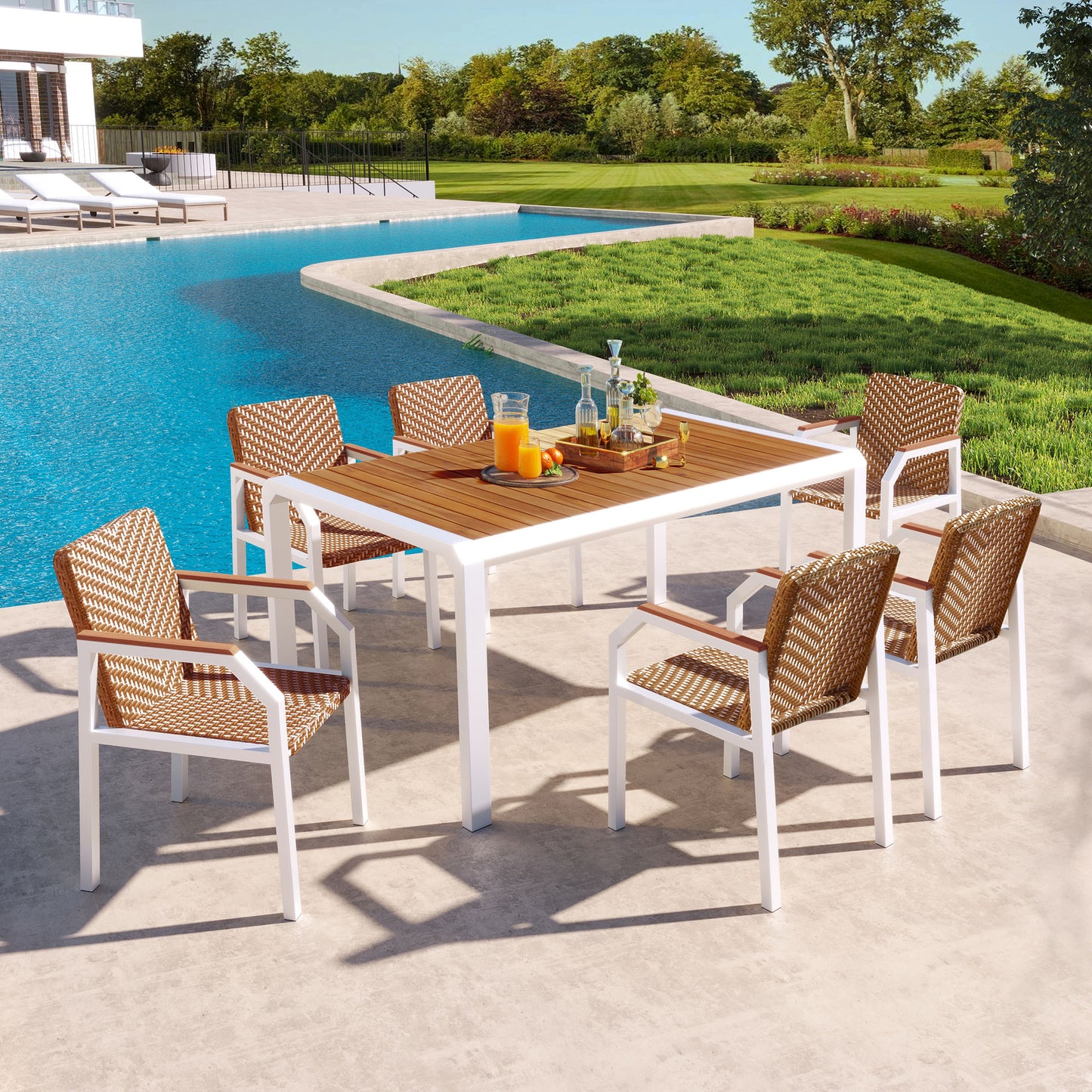 GO 7 Piece Patio Dining Table Set, Outdoor Wicker Furniture Set of 6 Chairs, Two Tone Weave Rattan, Acacia Wood Tabletop, Outdoor Dining Set for Backyard and Garden, Brown