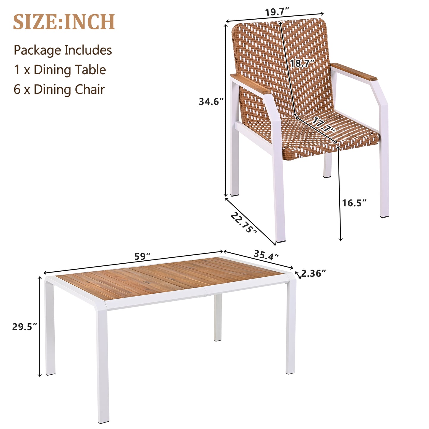 GO 7 Piece Patio Dining Table Set, Outdoor Wicker Furniture Set of 6 Chairs, Two Tone Weave Rattan, Acacia Wood Tabletop, Outdoor Dining Set for Backyard and Garden, Brown
