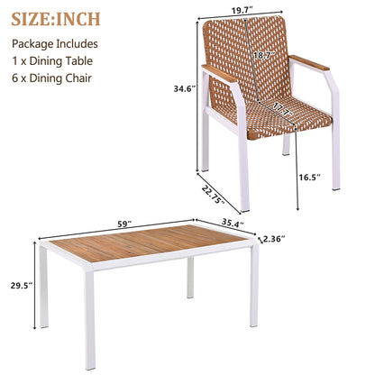 GO 7 Piece Patio Dining Table Set, Outdoor Wicker Furniture Set of 6 Chairs, Two Tone Weave Rattan, Acacia Wood Tabletop, Outdoor Dining Set for Backyard and Garden, Brown