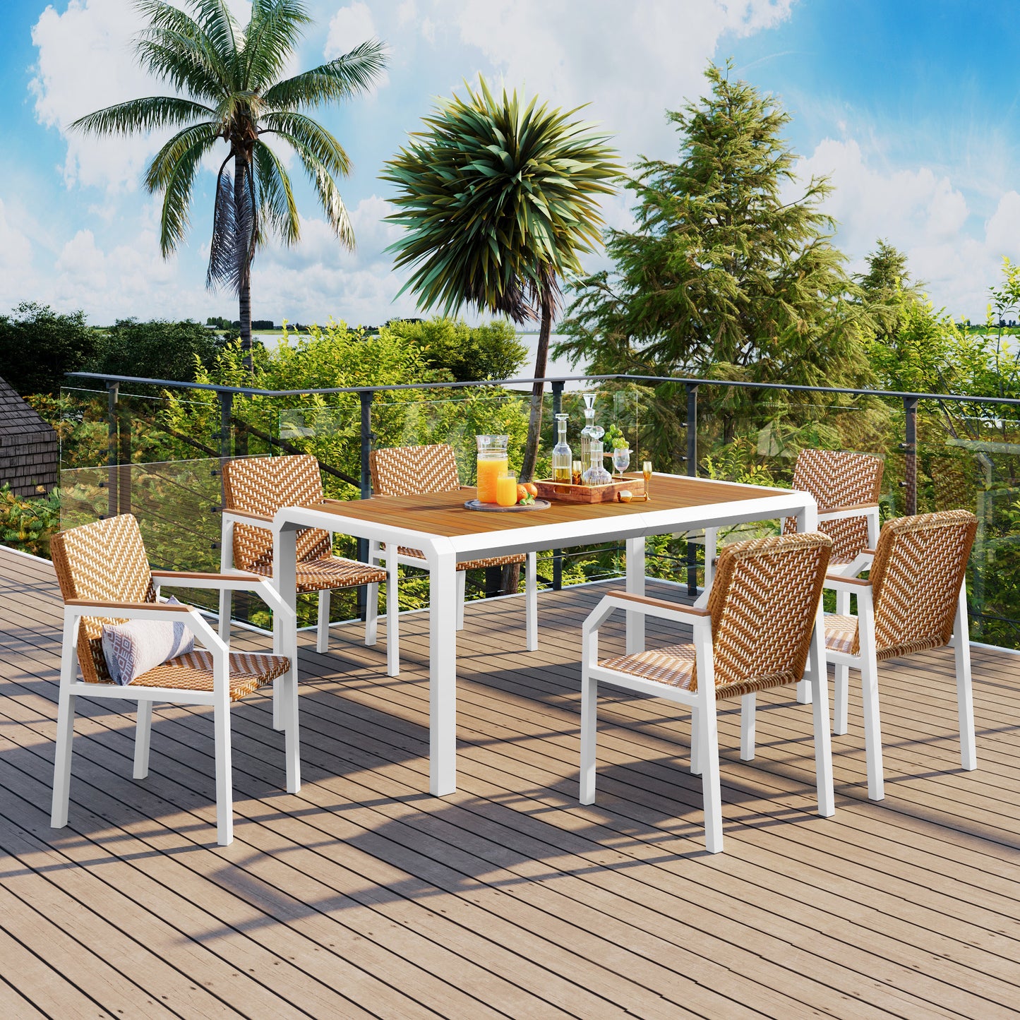GO 7 Piece Patio Dining Table Set, Outdoor Wicker Furniture Set of 6 Chairs, Two Tone Weave Rattan, Acacia Wood Tabletop, Outdoor Dining Set for Backyard and Garden, Brown