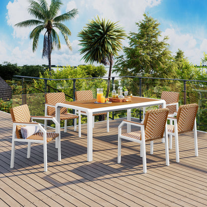 GO 7 Piece Patio Dining Table Set, Outdoor Wicker Furniture Set of 6 Chairs, Two Tone Weave Rattan, Acacia Wood Tabletop, Outdoor Dining Set for Backyard and Garden, Brown