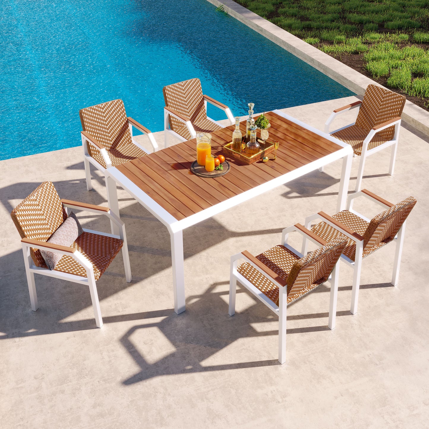 GO 7 Piece Patio Dining Table Set, Outdoor Wicker Furniture Set of 6 Chairs, Two Tone Weave Rattan, Acacia Wood Tabletop, Outdoor Dining Set for Backyard and Garden, Brown